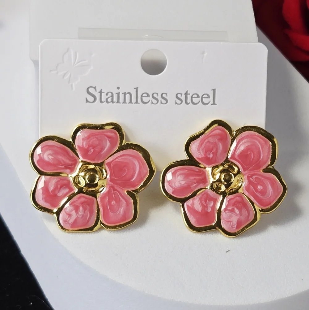 Pink Poppy Flower Stud Earrings Gold Stainless Steel Moiré Enamel Feminine Chic